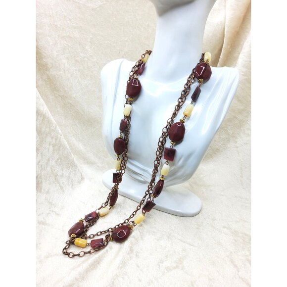 Vintage Long Brown & Yellow Beaded Necklace With Chunky Geometric Beads On Doubl - Picture 4 of 4